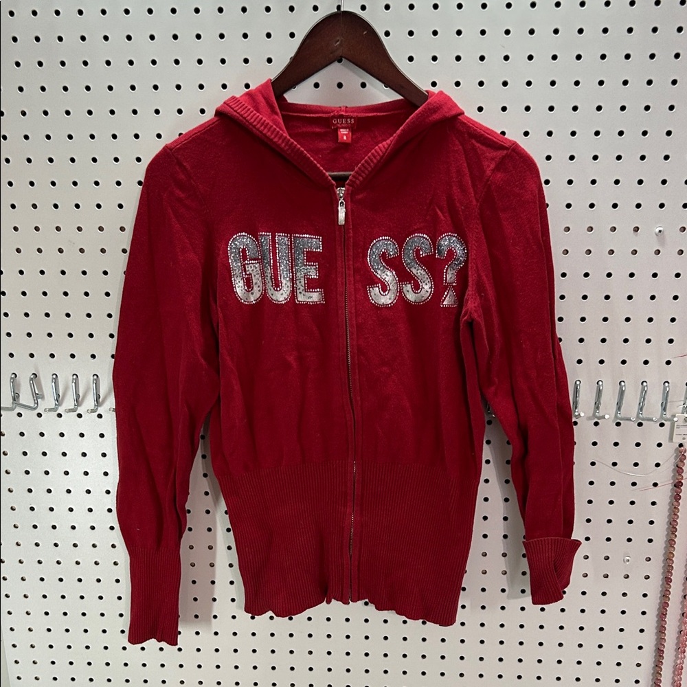 Guess Red Zip-Up Sweater with Silver Lettering